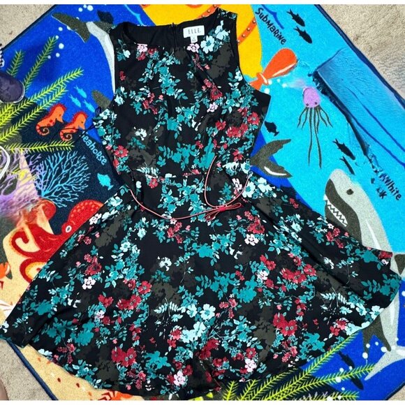 Elle Dress Black Pink Floral Size M Pleated Sleeveless Knee Length VGUC - Picture 1 of 3